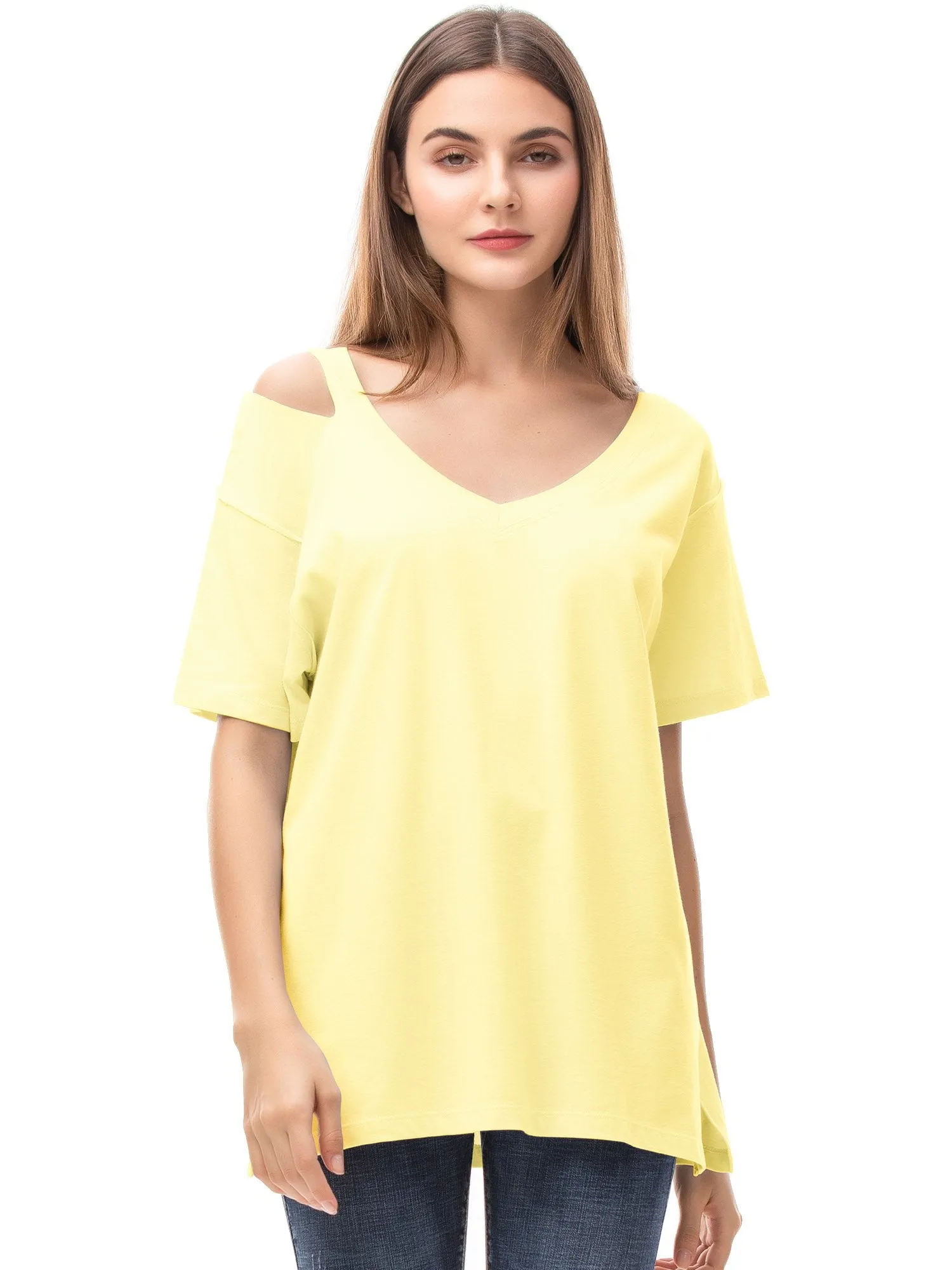 Womens V Neck T Shirts Loose Fitting Short Sleeve Cotton Cold Shoulder Casual Tops