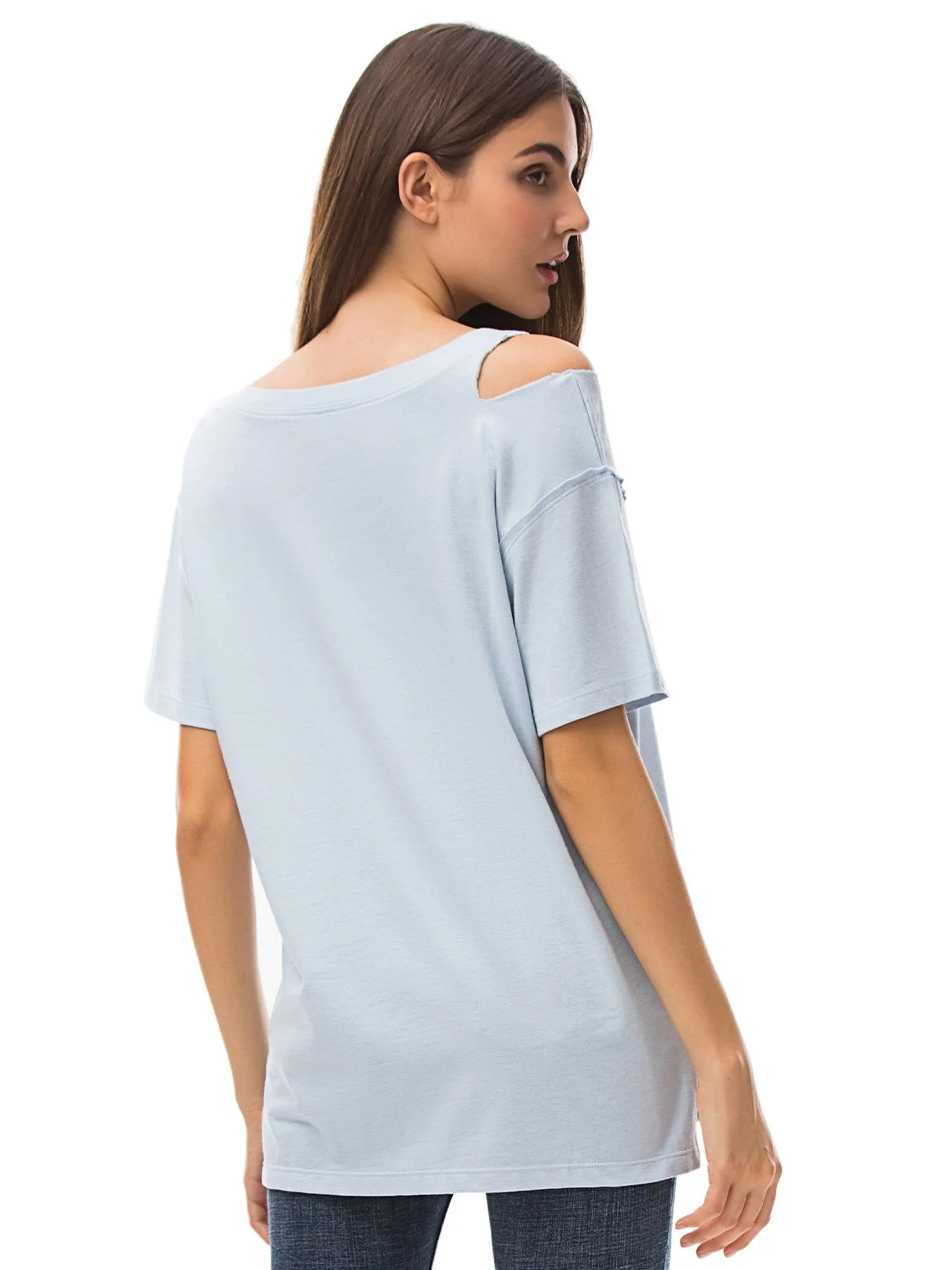 Womens V Neck T Shirts Loose Fitting Short Sleeve Cotton Cold Shoulder Casual Tops