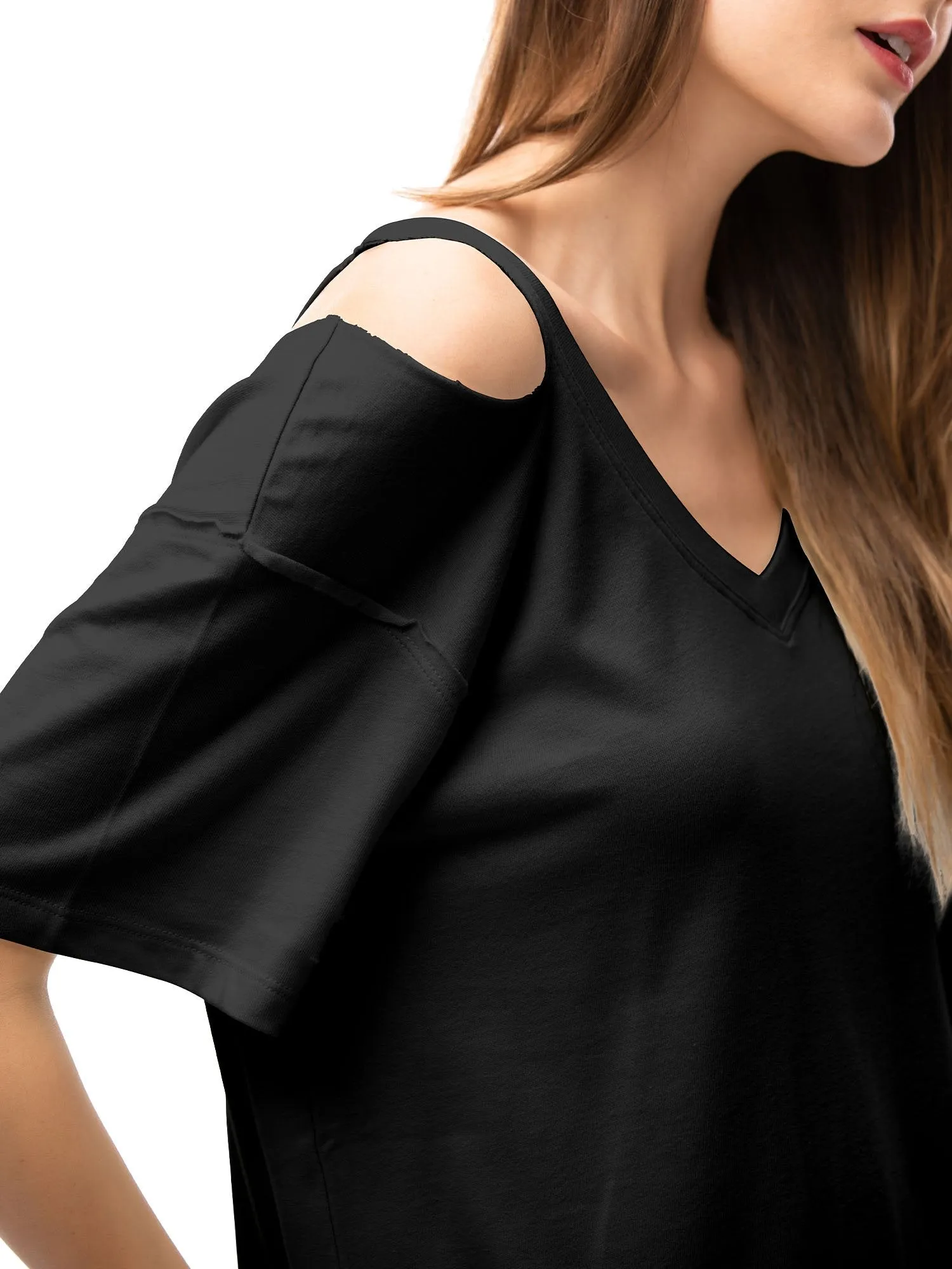 Womens V Neck T Shirts Loose Fitting Short Sleeve Cotton Cold Shoulder Casual Tops