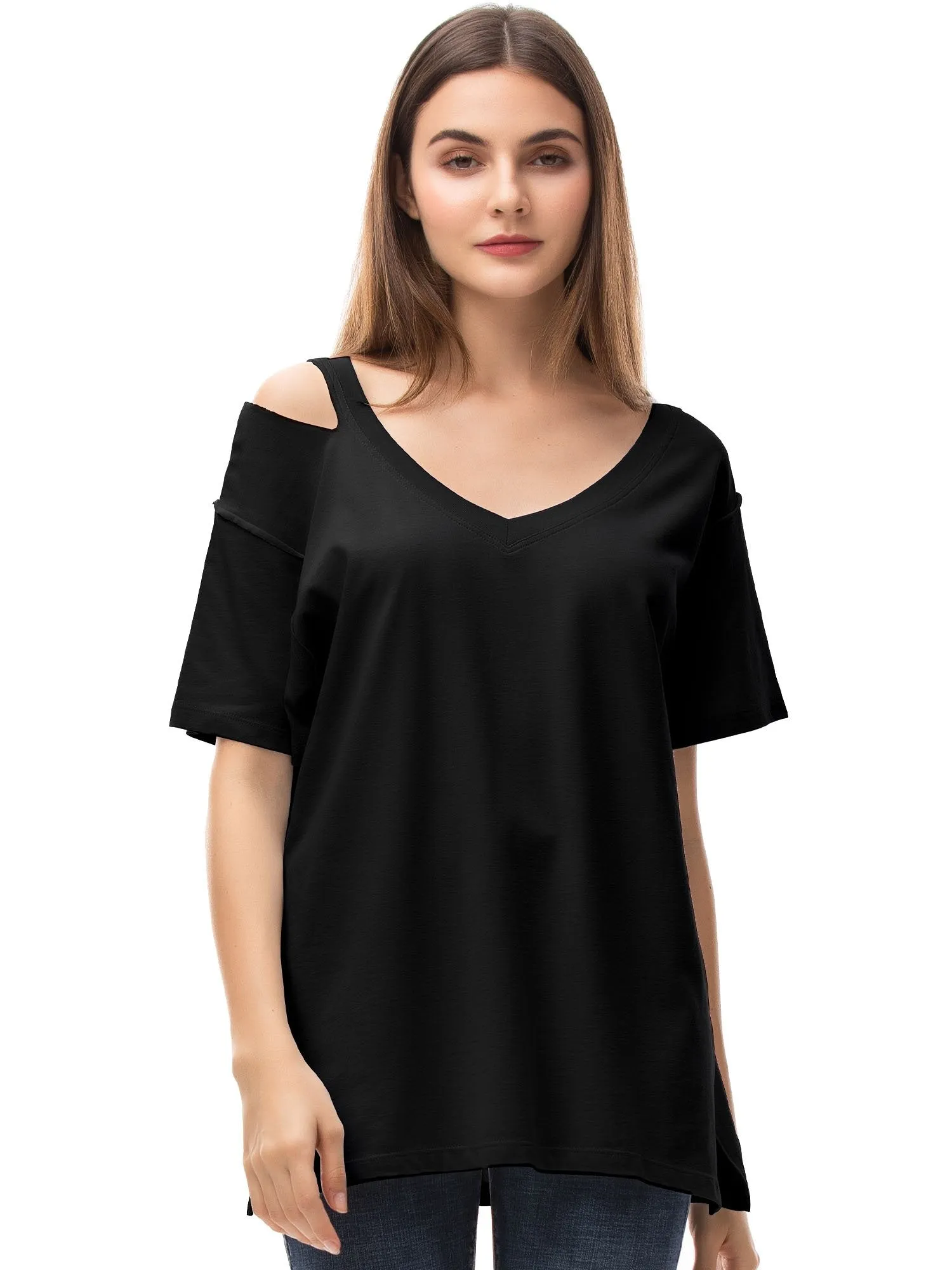 Womens V Neck T Shirts Loose Fitting Short Sleeve Cotton Cold Shoulder Casual Tops