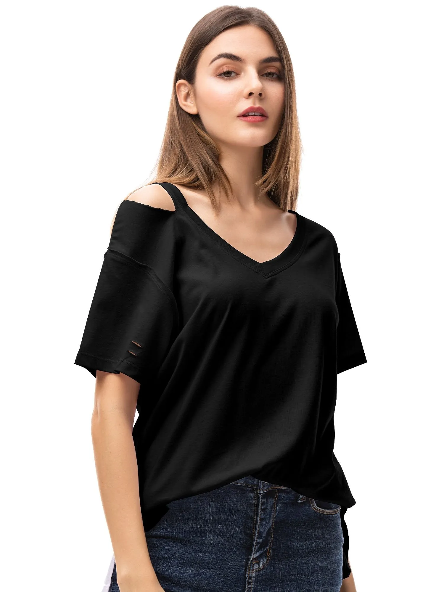 Womens V Neck T Shirts Loose Fitting Short Sleeve Cotton Cold Shoulder Casual Tops