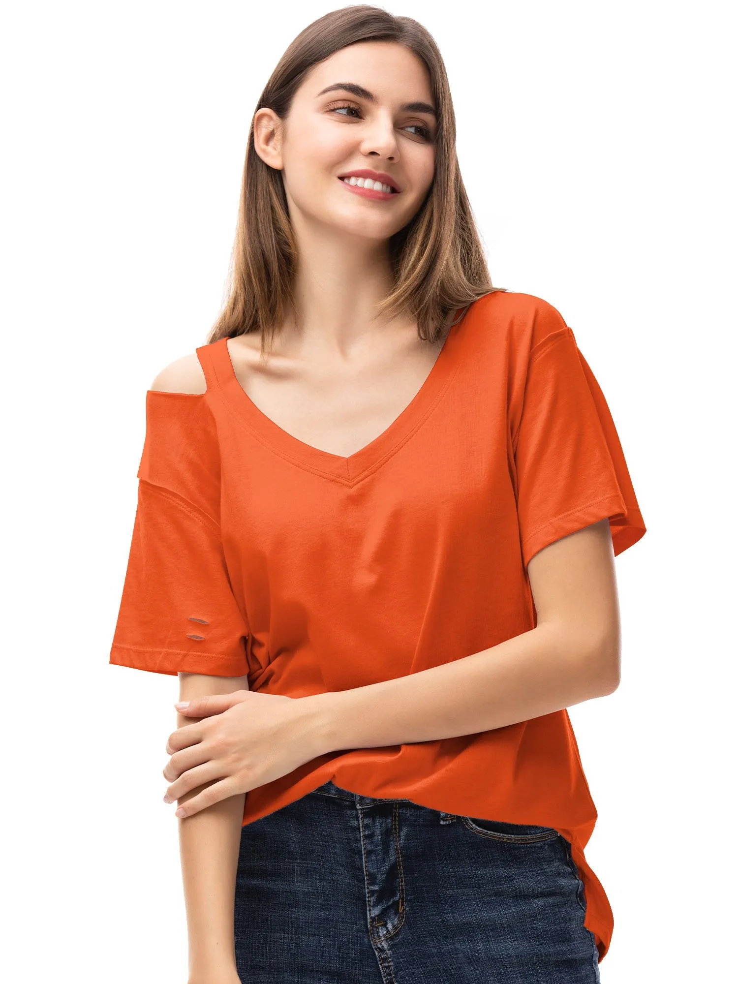 Womens V Neck T Shirts Loose Fitting Short Sleeve Cotton Cold Shoulder Casual Tops