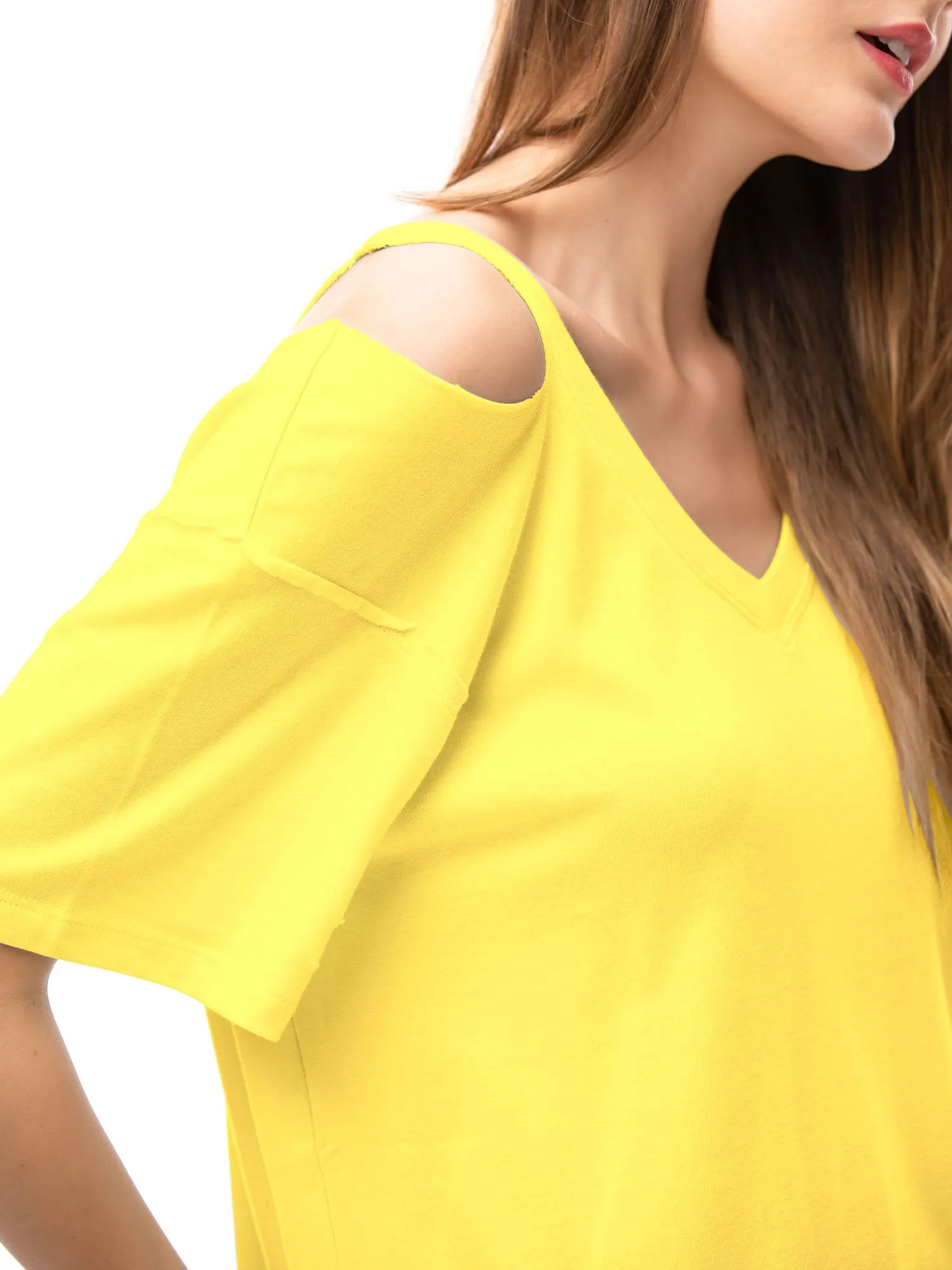 Womens V Neck T Shirts Loose Fitting Short Sleeve Cotton Cold Shoulder Casual Tops
