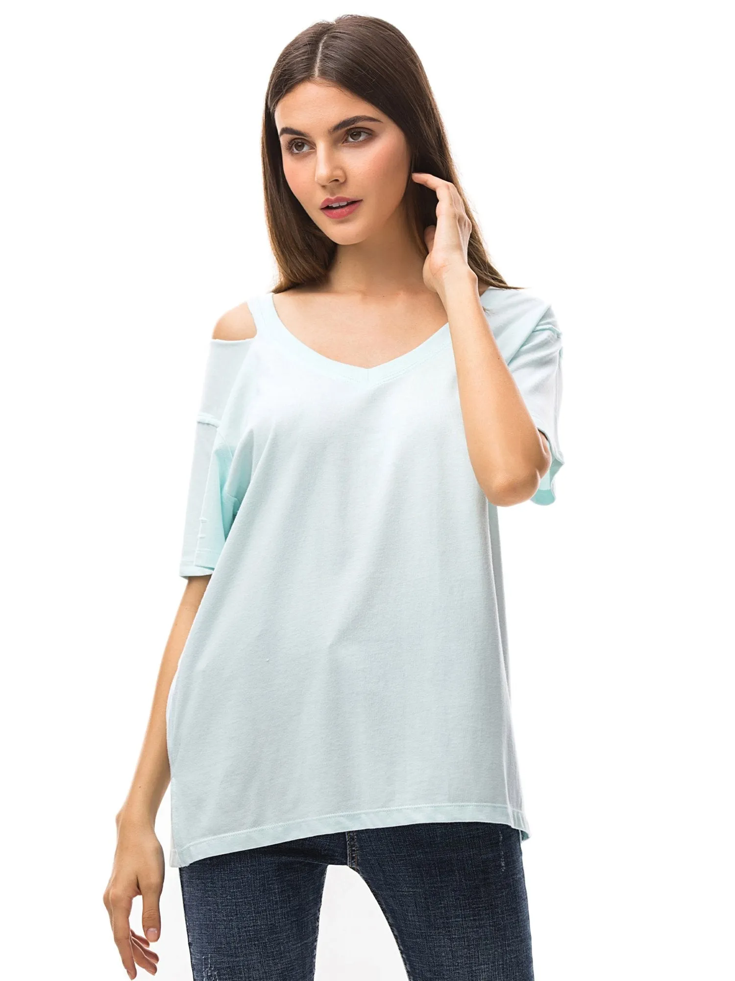 Womens V Neck T Shirts Loose Fitting Short Sleeve Cotton Cold Shoulder Casual Tops