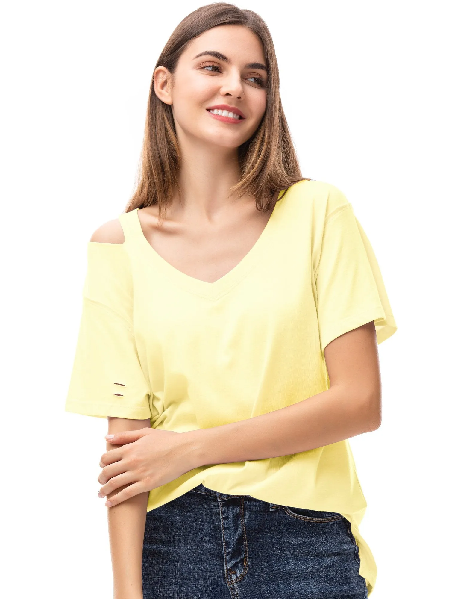 Womens V Neck T Shirts Loose Fitting Short Sleeve Cotton Cold Shoulder Casual Tops