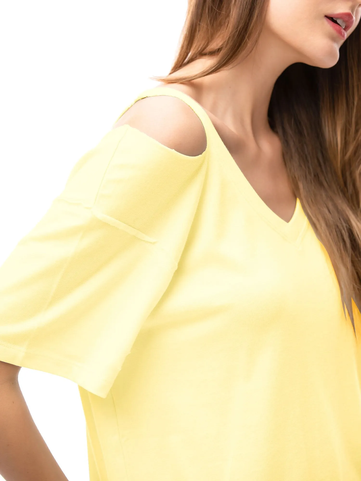 Womens V Neck T Shirts Loose Fitting Short Sleeve Cotton Cold Shoulder Casual Tops