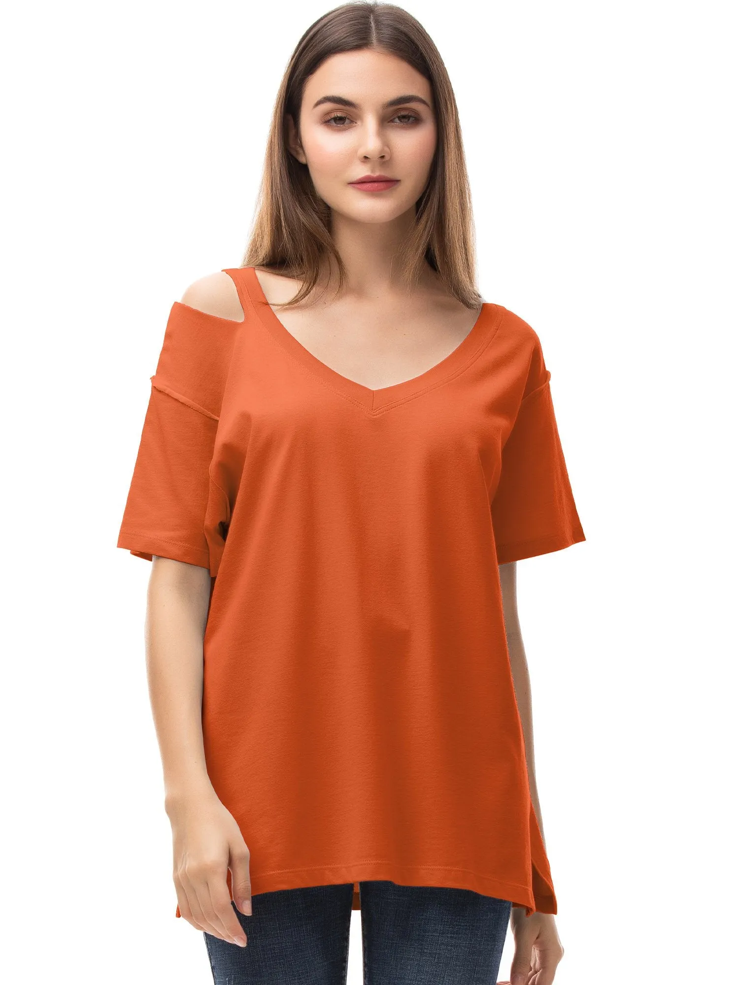 Womens V Neck T Shirts Loose Fitting Short Sleeve Cotton Cold Shoulder Casual Tops
