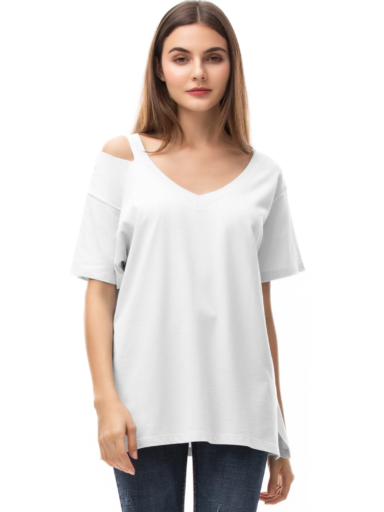 Womens V Neck T Shirts Loose Fitting Short Sleeve Cotton Cold Shoulder Casual Tops