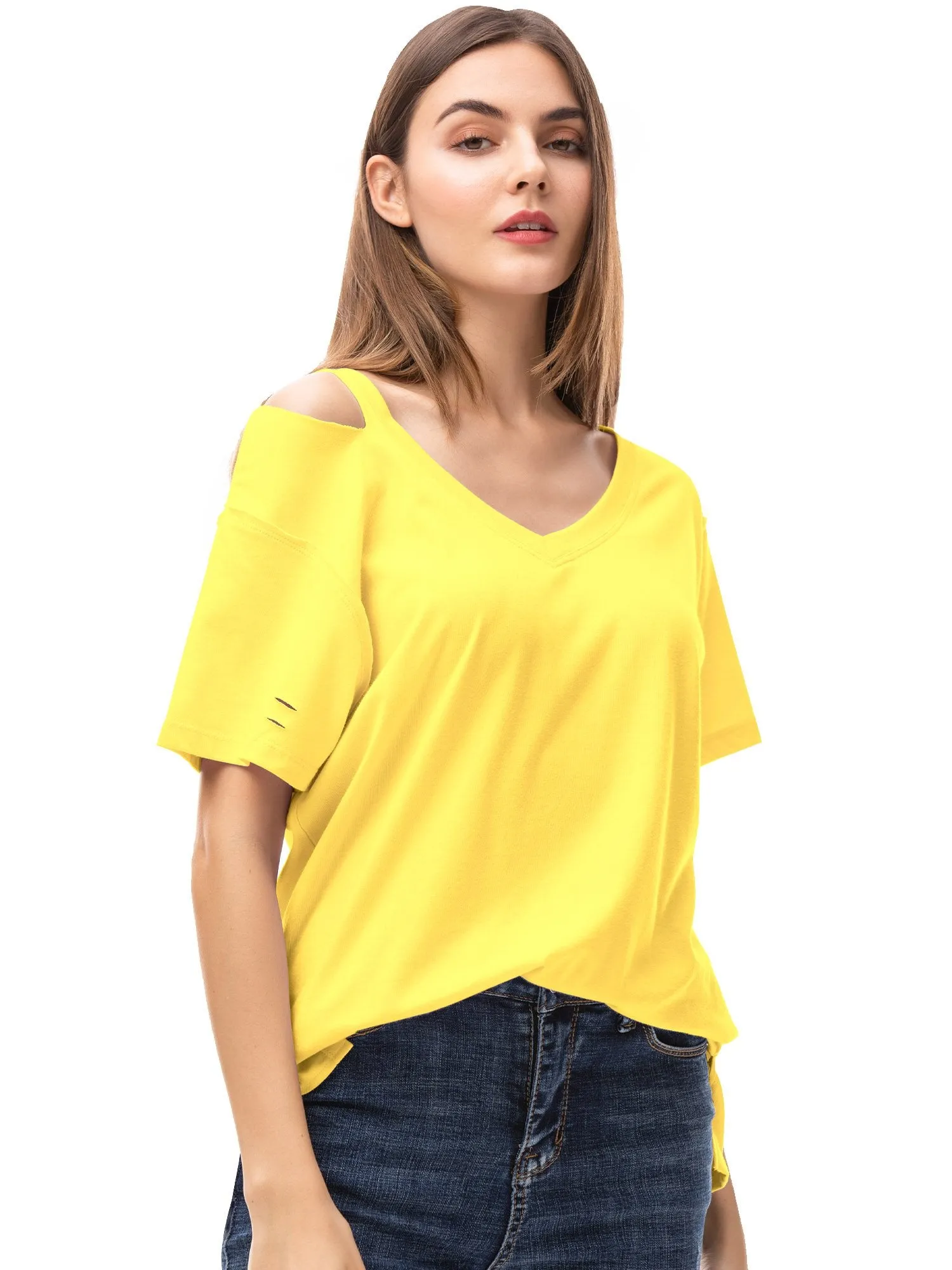 Womens V Neck T Shirts Loose Fitting Short Sleeve Cotton Cold Shoulder Casual Tops