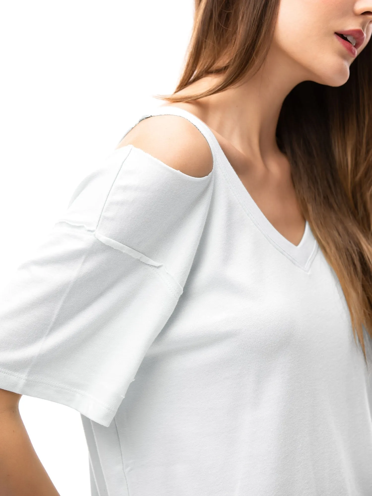 Womens V Neck T Shirts Loose Fitting Short Sleeve Cotton Cold Shoulder Casual Tops