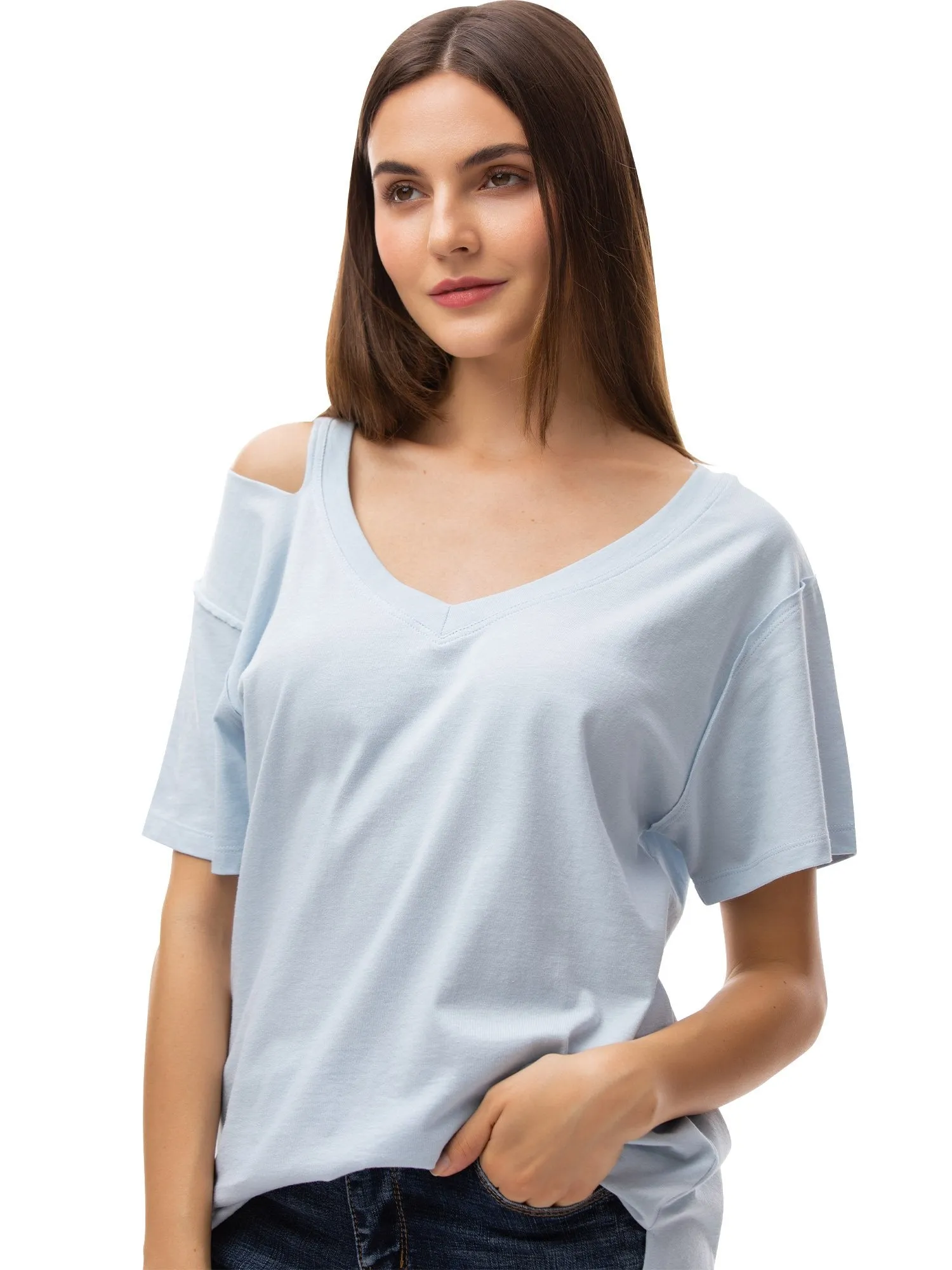 Womens V Neck T Shirts Loose Fitting Short Sleeve Cotton Cold Shoulder Casual Tops