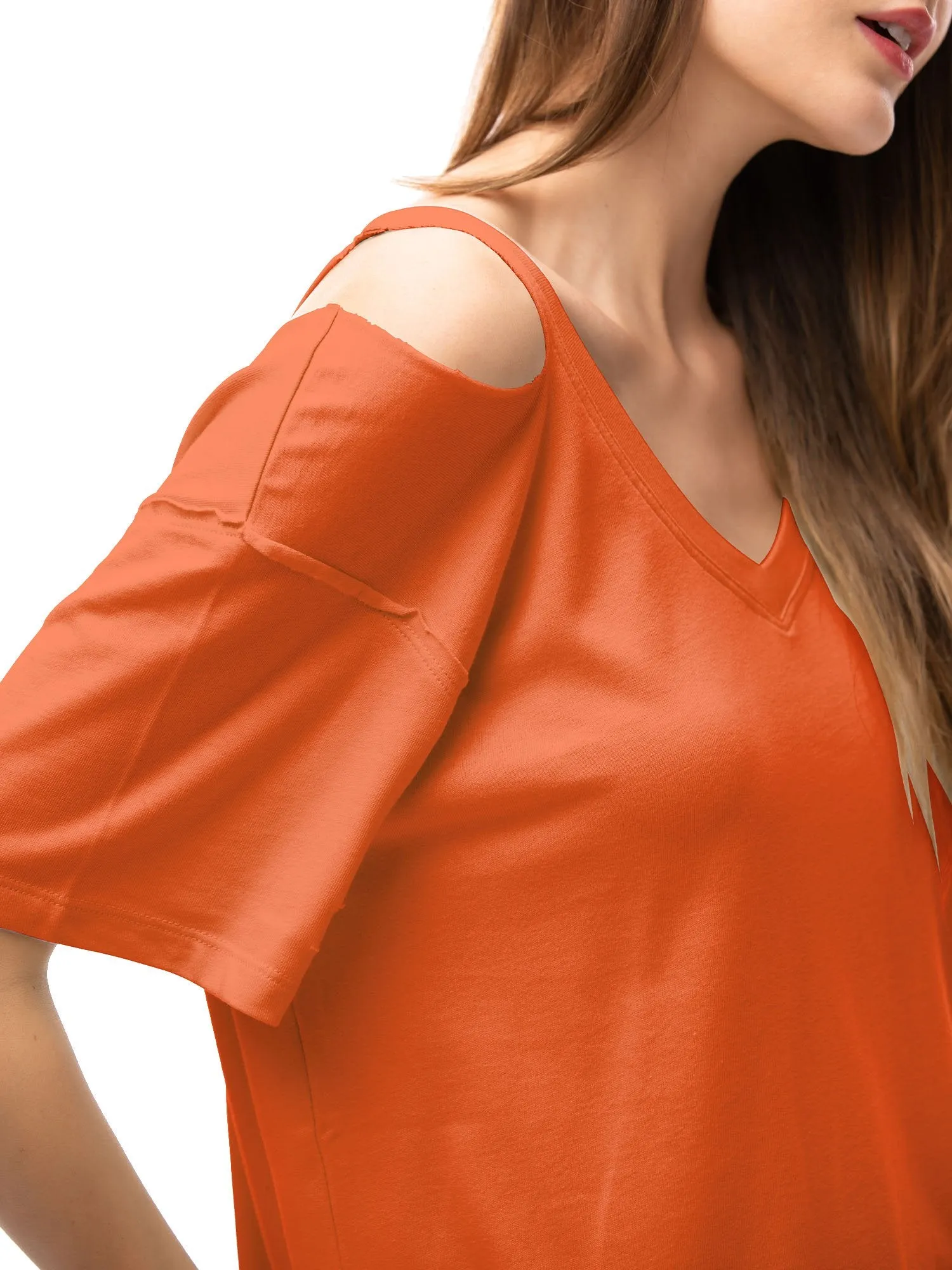 Womens V Neck T Shirts Loose Fitting Short Sleeve Cotton Cold Shoulder Casual Tops