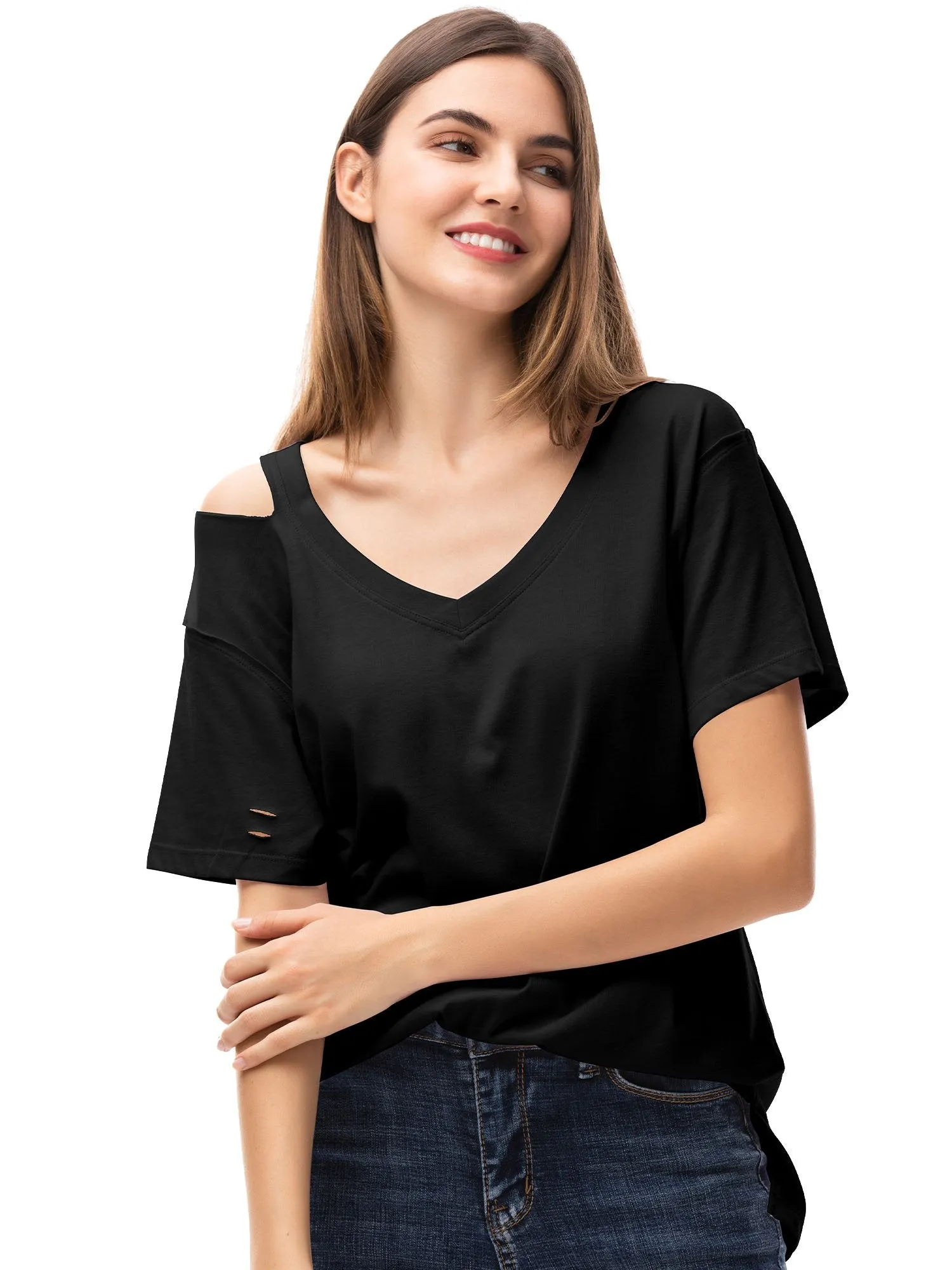 Womens V Neck T Shirts Loose Fitting Short Sleeve Cotton Cold Shoulder Casual Tops
