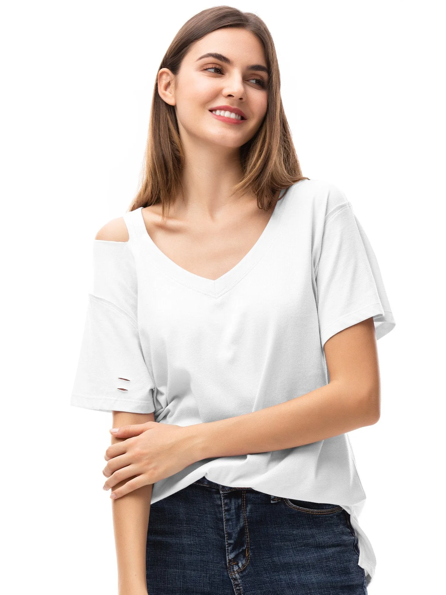 Womens V Neck T Shirts Loose Fitting Short Sleeve Cotton Cold Shoulder Casual Tops