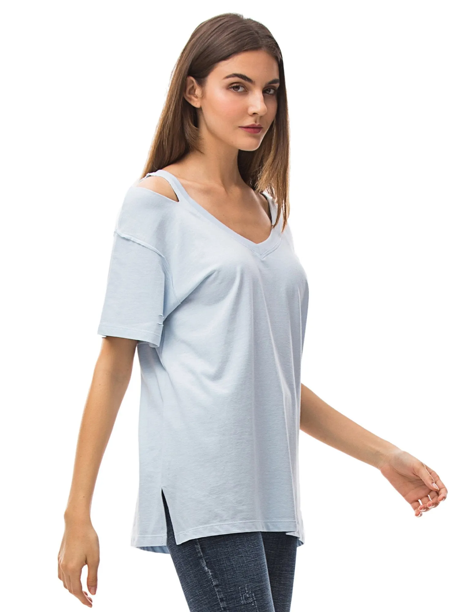 Womens V Neck T Shirts Loose Fitting Short Sleeve Cotton Cold Shoulder Casual Tops
