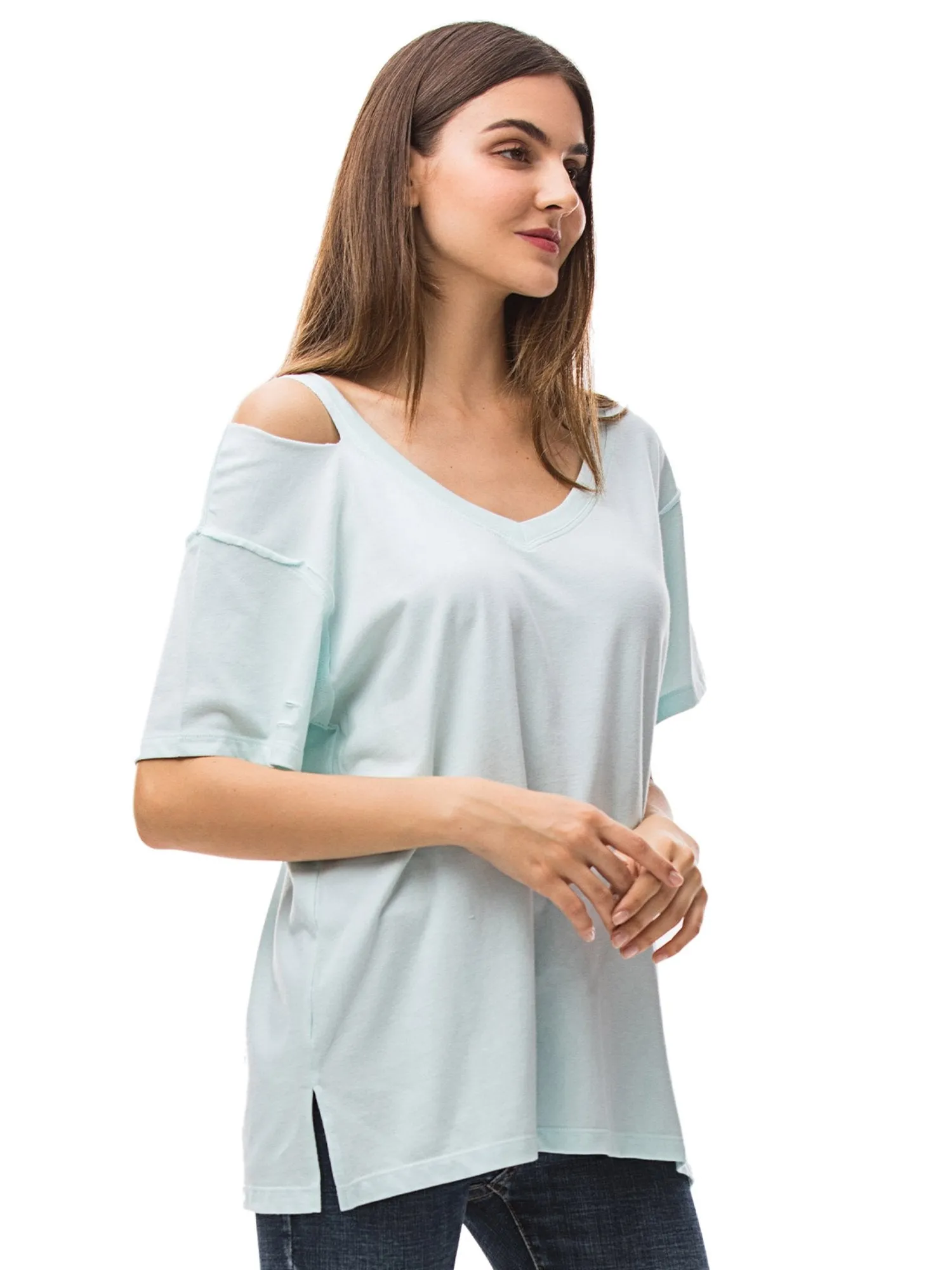 Womens V Neck T Shirts Loose Fitting Short Sleeve Cotton Cold Shoulder Casual Tops