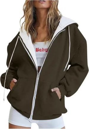 Womens Zip Up Hoodies Casual Oversized Fleece Sweatshirts Long Sleeve Jacket with Pockets 2024 Fall Sweatshirts
