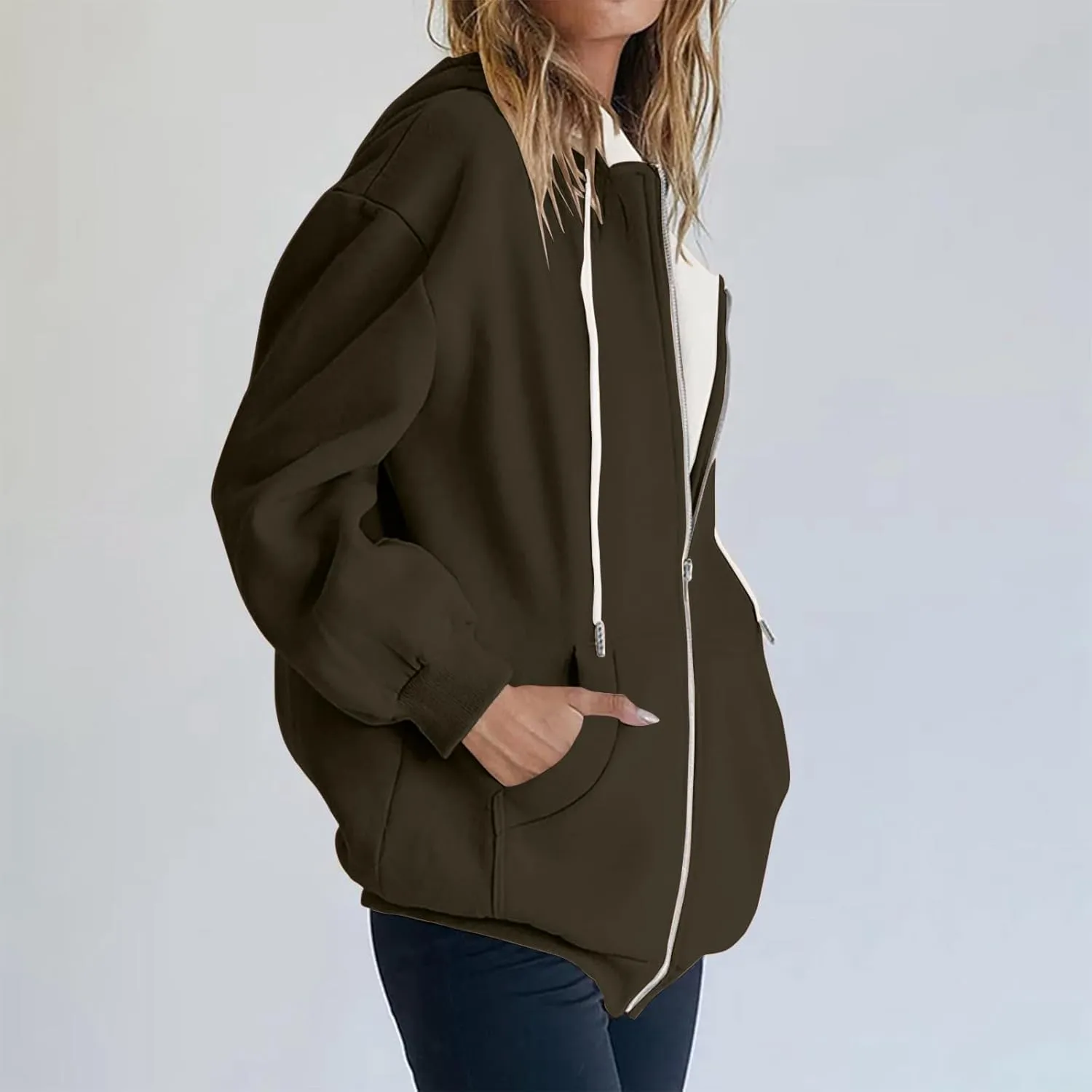 Womens Zip Up Hoodies Casual Oversized Fleece Sweatshirts Long Sleeve Jacket with Pockets 2024 Fall Sweatshirts