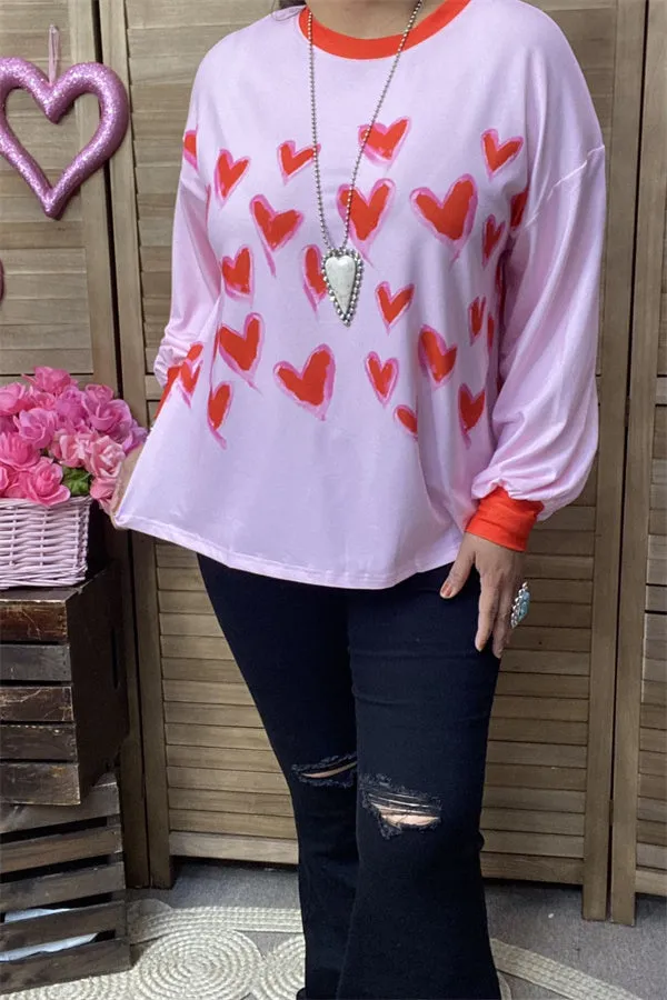 XCH14714 Red hearts printed long sleeve pink women tops/blouse