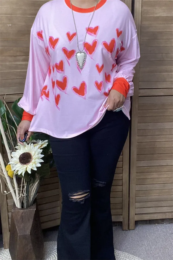 XCH14714 Red hearts printed long sleeve pink women tops/blouse