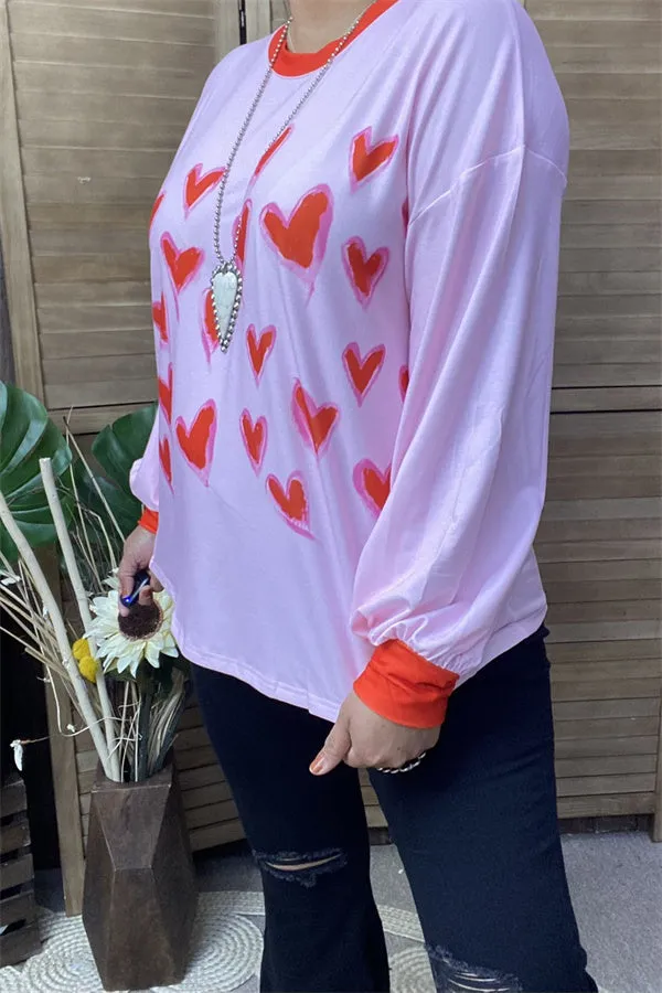XCH14714 Red hearts printed long sleeve pink women tops/blouse