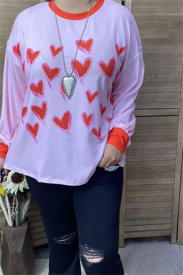 XCH14714 Red hearts printed long sleeve pink women tops/blouse