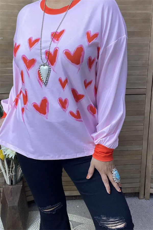 XCH14714 Red hearts printed long sleeve pink women tops/blouse