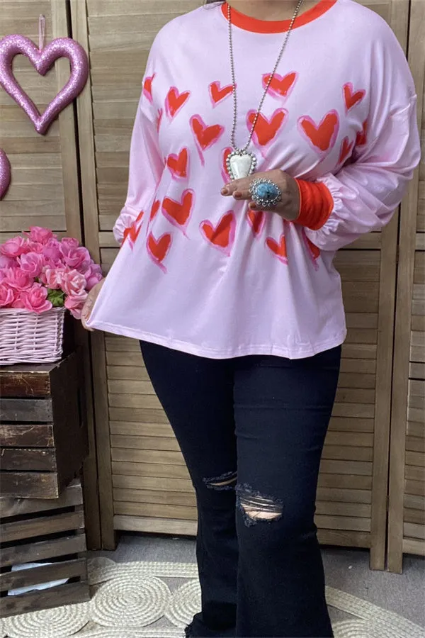 XCH14714 Red hearts printed long sleeve pink women tops/blouse